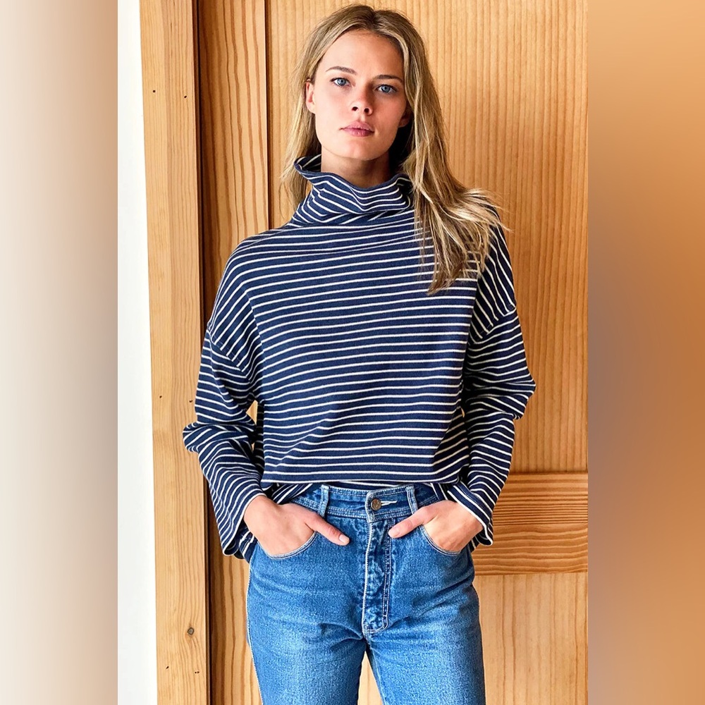 Emerson Fry Navy and White Striped Cowl Neck Sweater